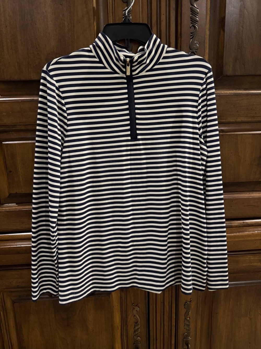 Charter Club Navy and Cream Striped Quarter Zip - Large